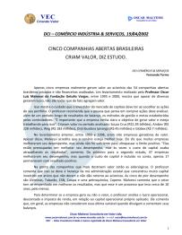 Cinco companhias abertas brasileiras criam valor, diz Estudo -Jornal DCI -  2ª Atualização da Tese - 19/04/2002