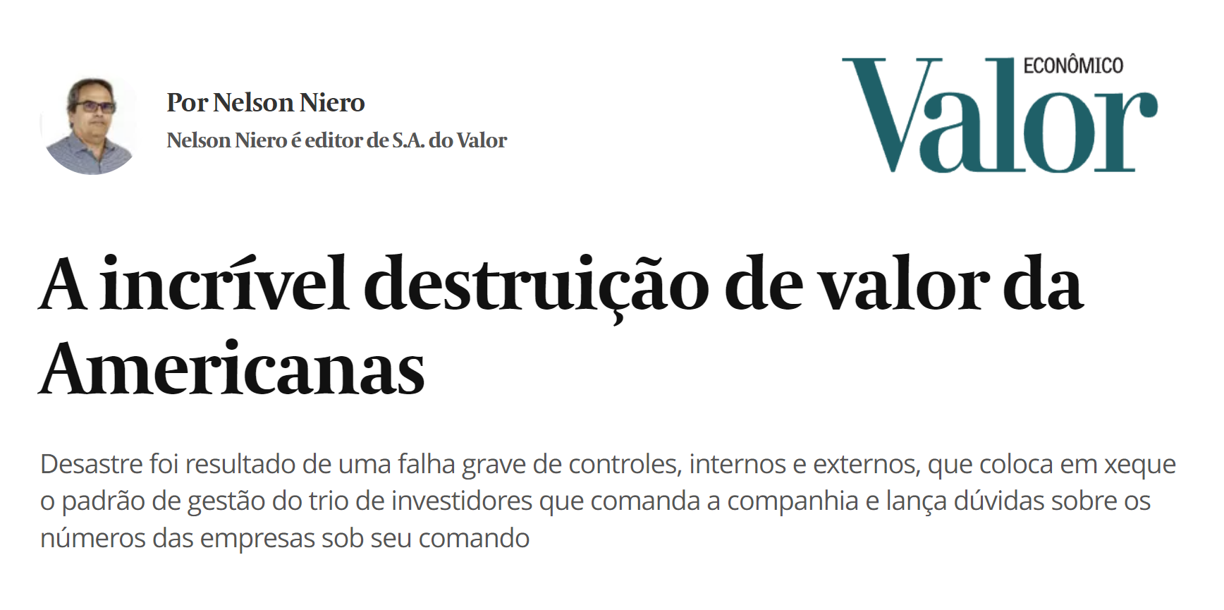 A incrível destruição de valor da Americanas – Valor Econômico – 28/12/2023